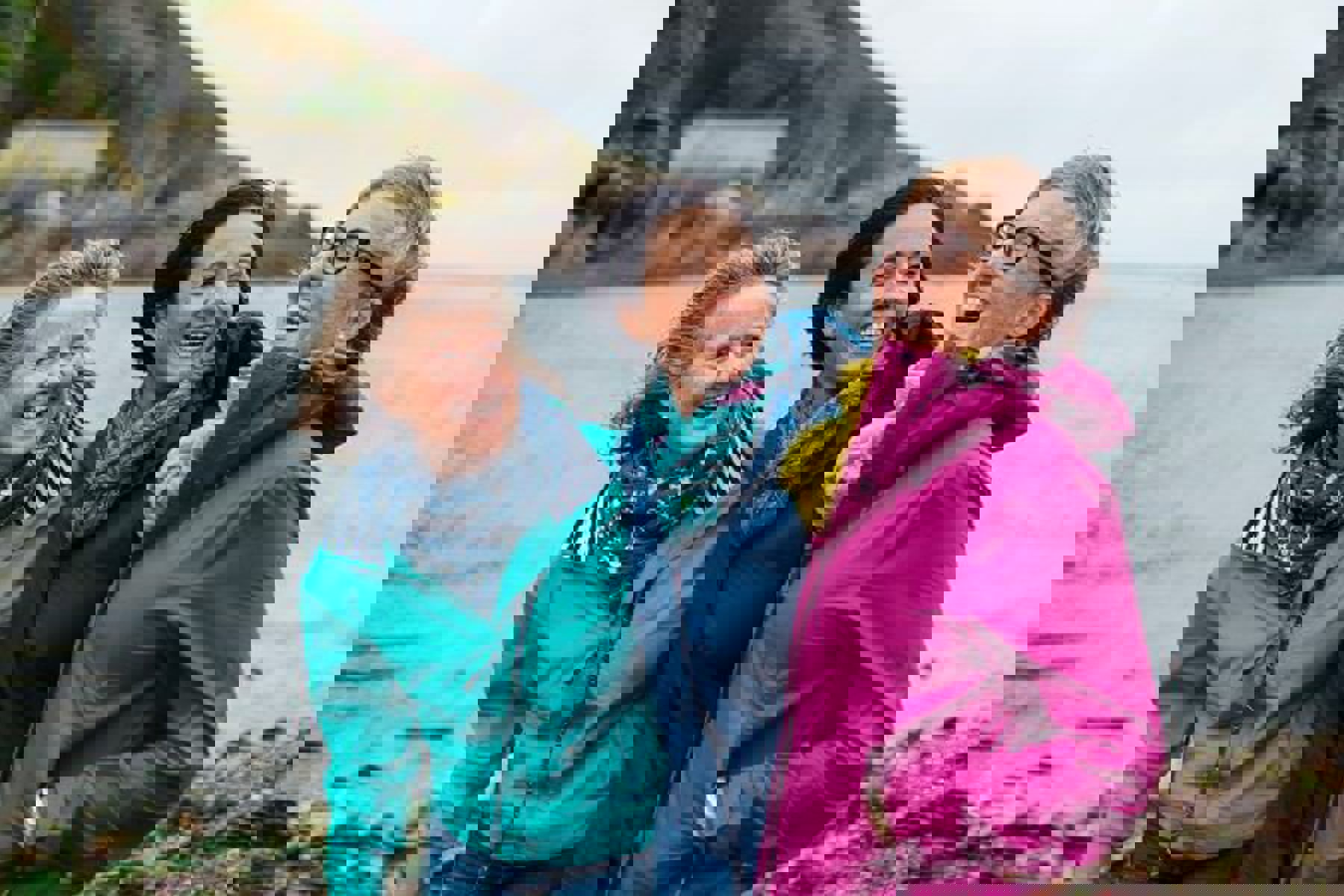 Three Women Outdoors Sea Looking Laughing