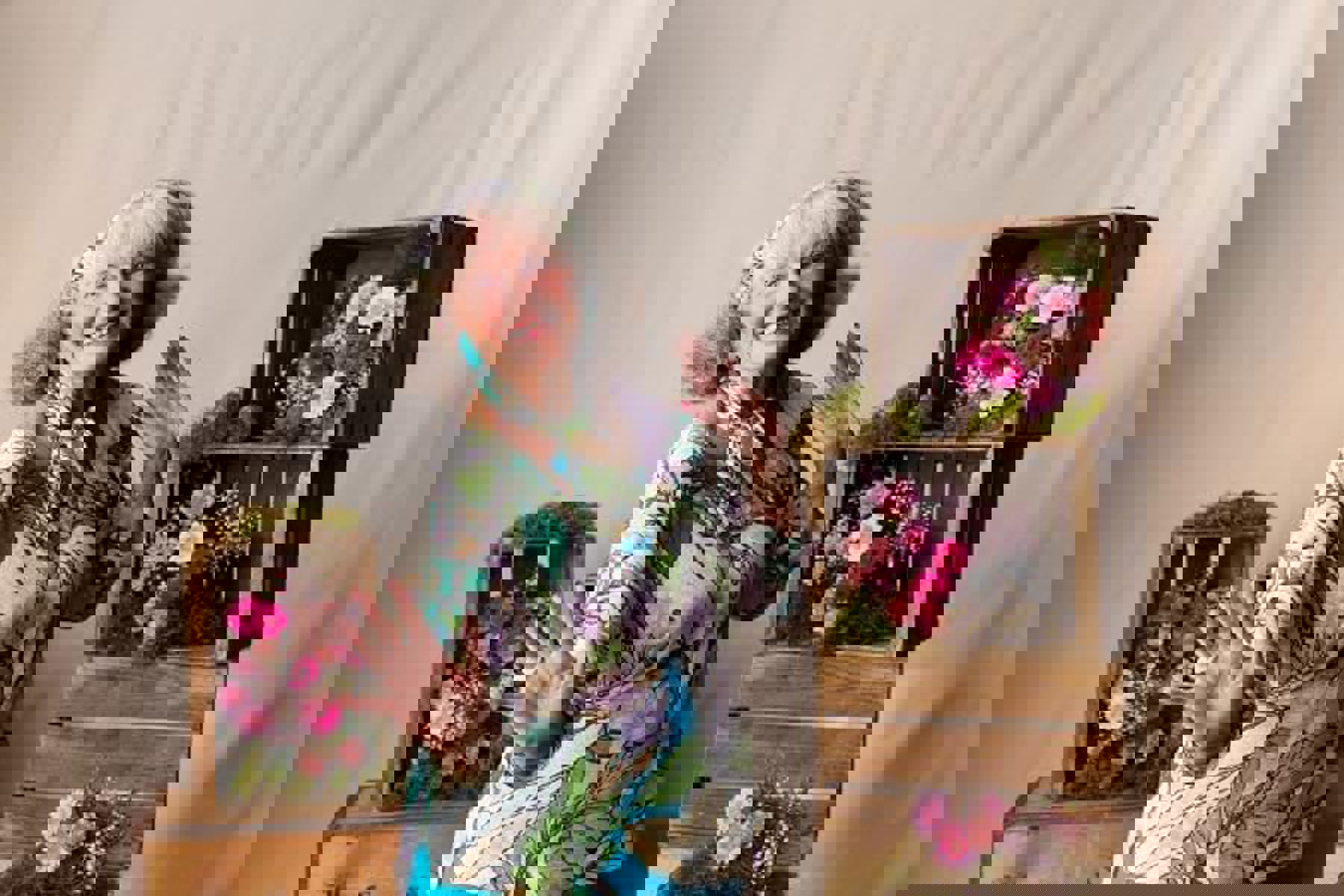 Woman Dancing In Front Of Flower Boxes