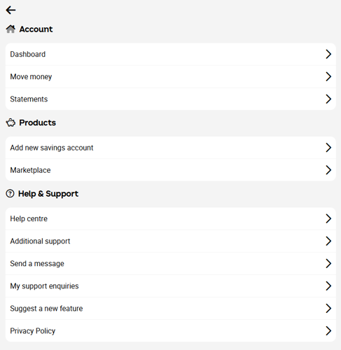 Screenshot of hamburger menu