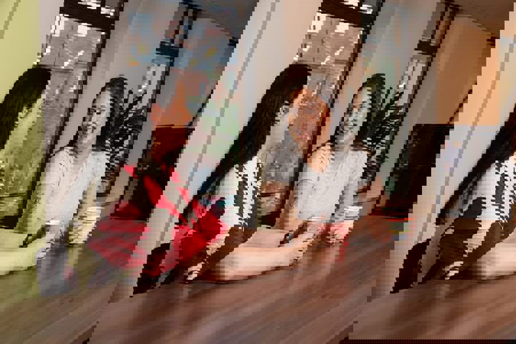 Two Colleagues Chatting Tea Red Dress